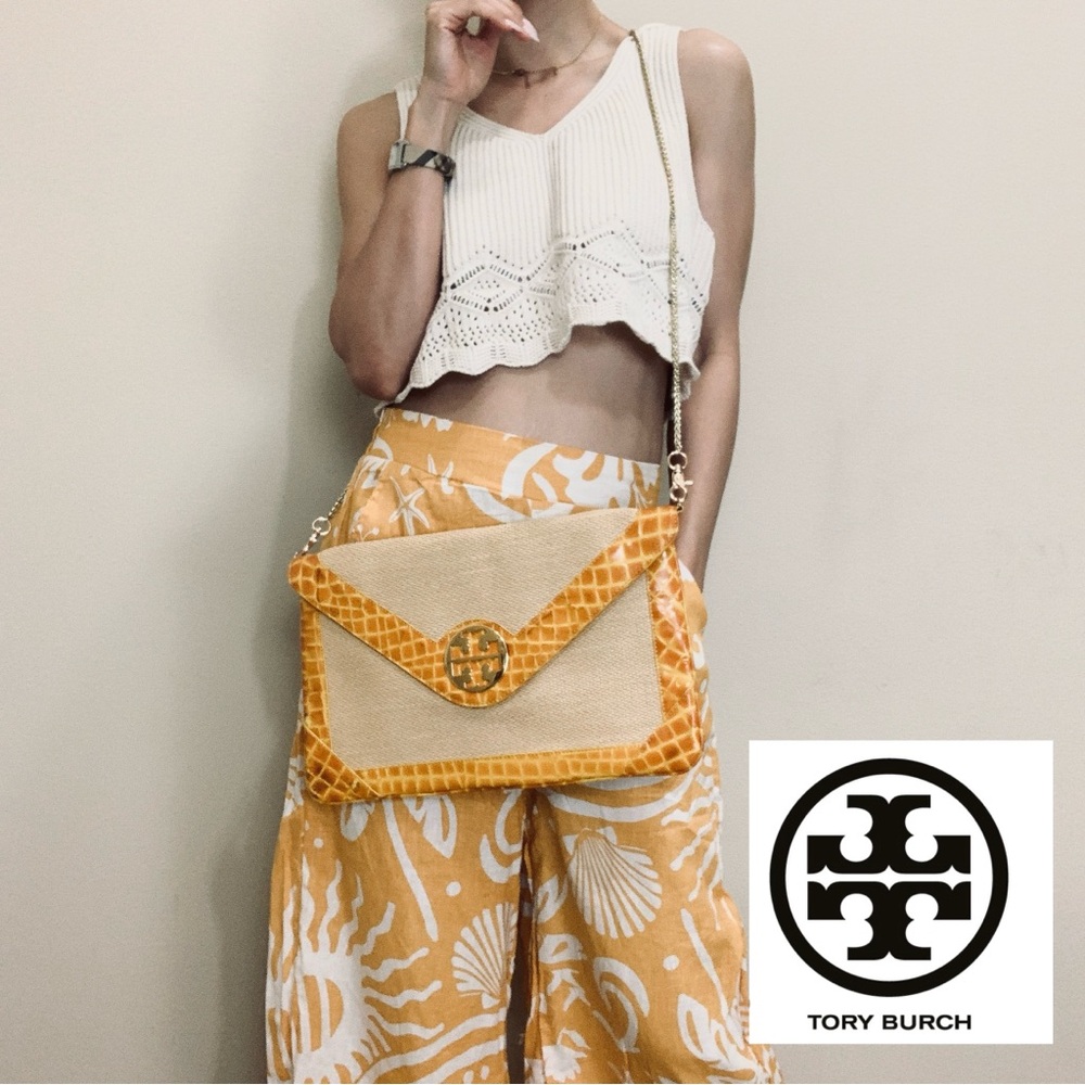 Tory Burch Yellow & Natural Raffia Envelope Crossbody
